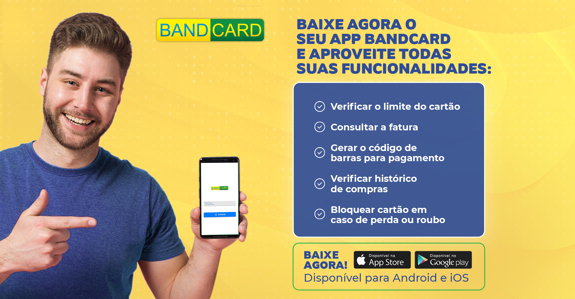Homem segurando celular e anúncio de aplicativo mobile